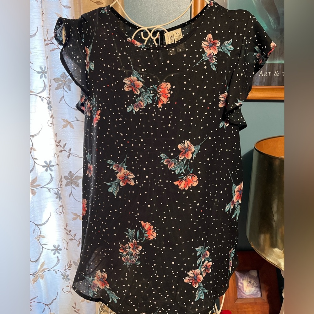 Midnight Sky Pink Floral White Black Polka Dot Blouse XL